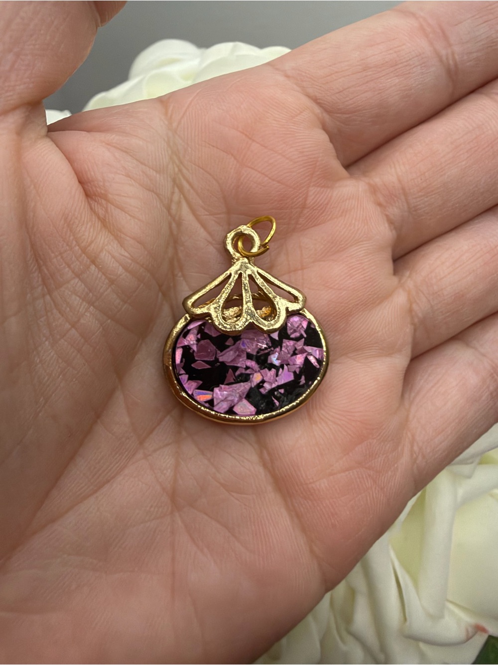 Gold Pink Flake Round Pendant Necklace Charm